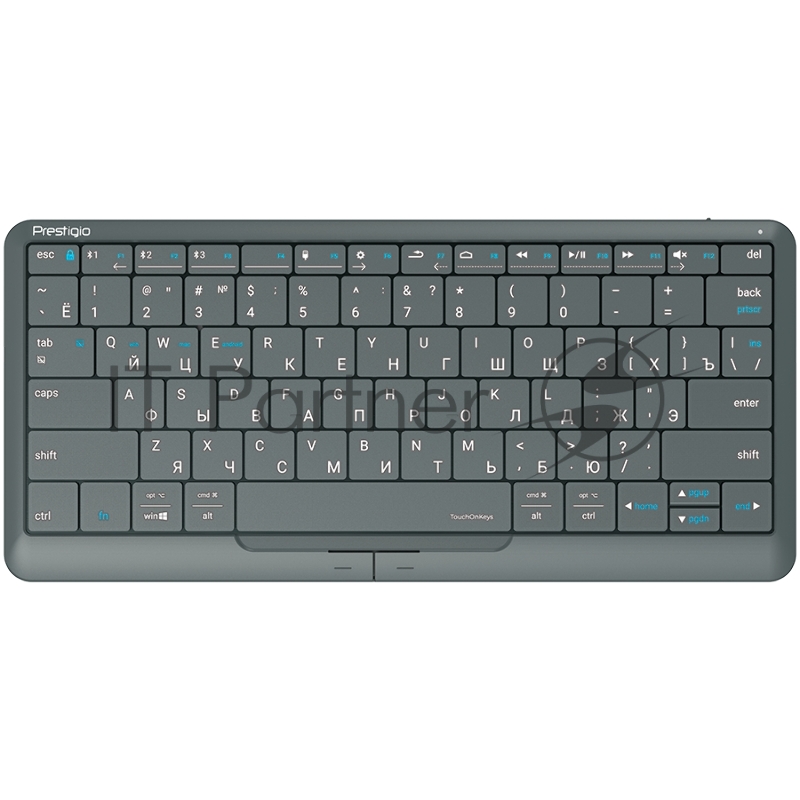 Клавиатура Prestigio Click&Touch 2, wireless multimedia smart keyboard with touchpad embedded into keys, auto-switch between keyboard and touchpad modes, touch multimedia sliders, left and right physical mouse buttons, connects up to 4 devices via Bl