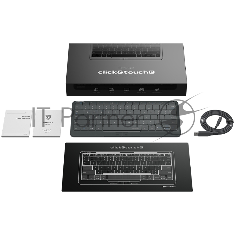 Клавиатура Prestigio Click&Touch 2, wireless multimedia smart keyboard with touchpad embedded into keys, auto-switch between keyboard and touchpad modes, touch multimedia sliders, left and right physical mouse buttons, connects up to 4 devices via Bl