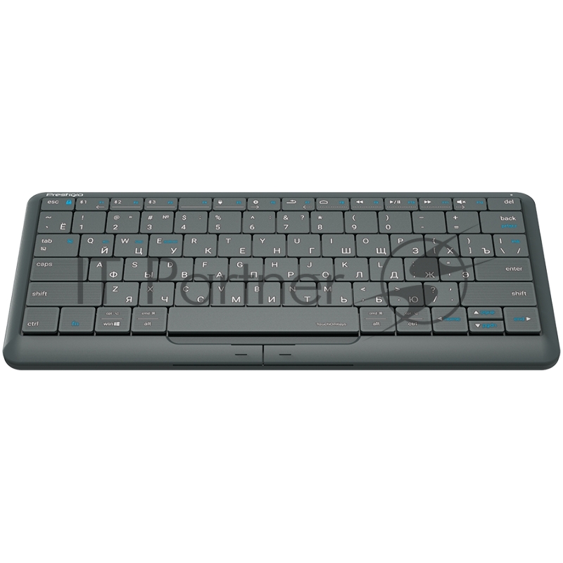 Клавиатура Prestigio Click&Touch 2, wireless multimedia smart keyboard with touchpad embedded into keys, auto-switch between keyboard and touchpad modes, touch multimedia sliders, left and right physical mouse buttons, connects up to 4 devices via Bl