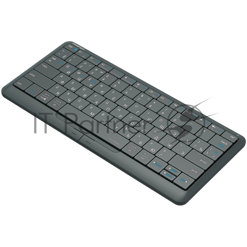 Клавиатура Prestigio Click&Touch 2, wireless multimedia smart keyboard with touchpad embedded into keys, auto-switch between keyboard and touchpad modes, touch multimedia sliders, left and right physical mouse buttons, connects up to 4 devices via Bl