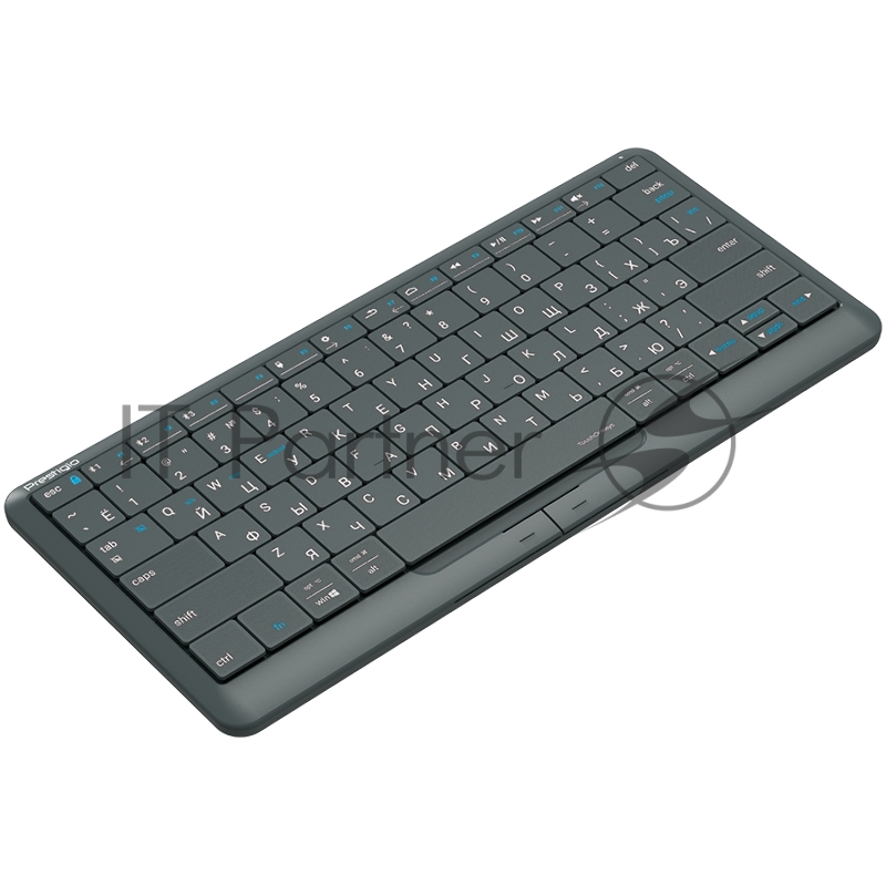 Клавиатура Prestigio Click&Touch 2, wireless multimedia smart keyboard with touchpad embedded into keys, auto-switch between keyboard and touchpad modes, touch multimedia sliders, left and right physical mouse buttons, connects up to 4 devices via Bl