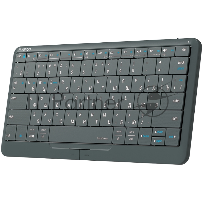 Клавиатура Prestigio Click&Touch 2, wireless multimedia smart keyboard with touchpad embedded into keys, auto-switch between keyboard and touchpad modes, touch multimedia sliders, left and right physical mouse buttons, connects up to 4 devices via Bl