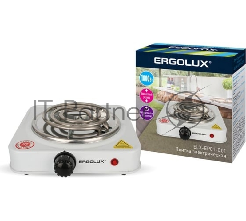 Электроплитка ELX-EP01-C01 1 конф. спиральный нагр. эл. 1000Вт 220-240В бел. Ergolux 13436