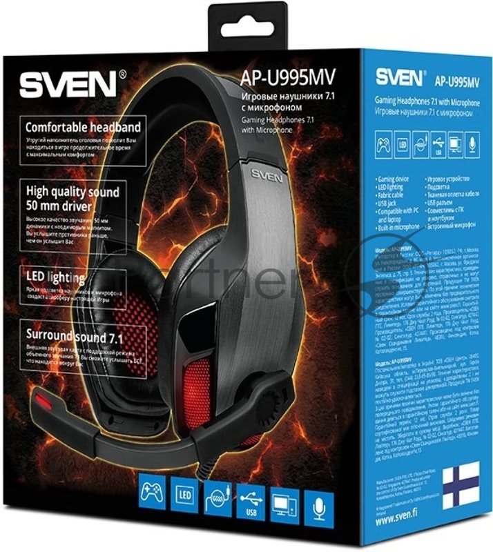 SVEN AP-U995MV Игровые стереонаушники с микрофоном черный-красный (USB, LED, 7.1, 50 мм)