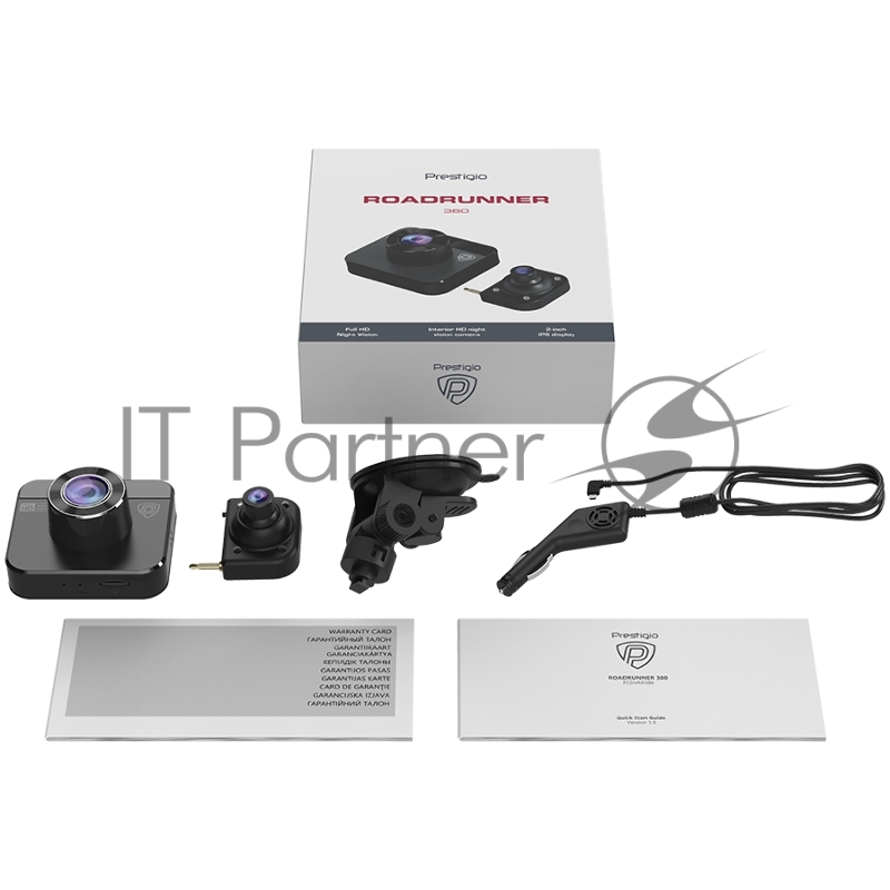 Видеорегистратор Prestigio RoadRunner 380, 2.0 (320x240) IPS display, Dual camera: front - FHD 1920x1080@30fps, HD 1280x720@30fps, interior - HD 1280x720@30fps, Jieli AC5401A, 2 MP CMOS GC2053 image sensor, 2 MP camera, 140° Viewing Angle, Night Visi