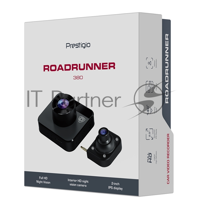 Видеорегистратор Prestigio RoadRunner 380, 2.0 (320x240) IPS display, Dual camera: front - FHD 1920x1080@30fps, HD 1280x720@30fps, interior - HD 1280x720@30fps, Jieli AC5401A, 2 MP CMOS GC2053 image sensor, 2 MP camera, 140° Viewing Angle, Night Visi