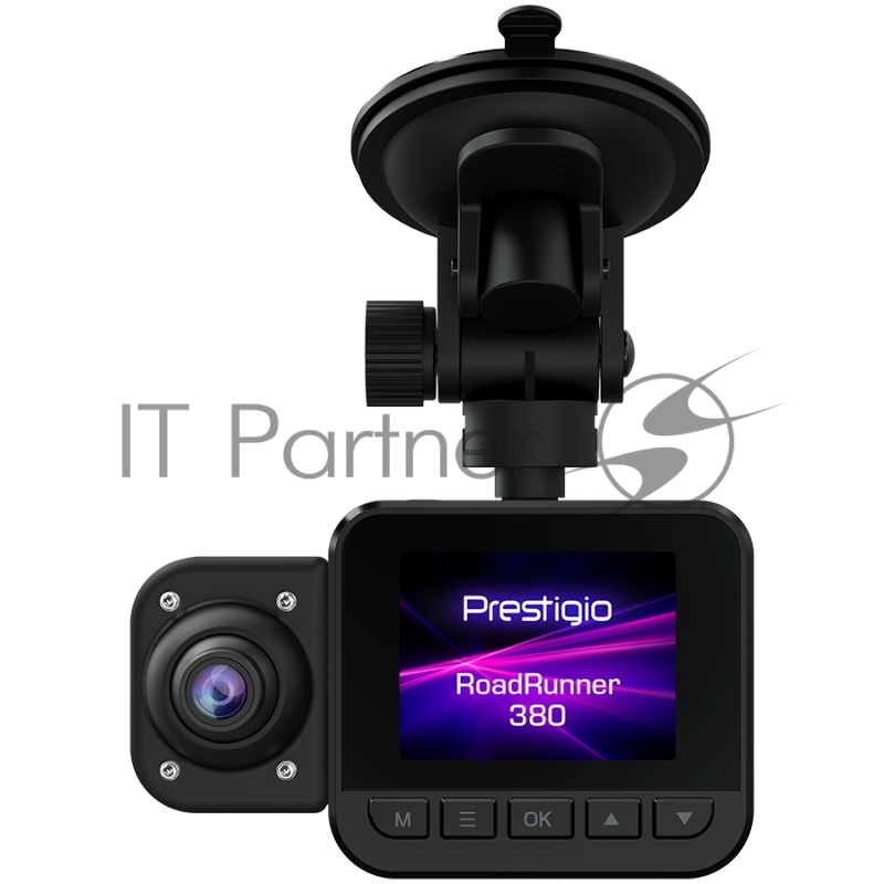 Видеорегистратор Prestigio RoadRunner 380, 2.0 (320x240) IPS display, Dual camera: front - FHD 1920x1080@30fps, HD 1280x720@30fps, interior - HD 1280x720@30fps, Jieli AC5401A, 2 MP CMOS GC2053 image sensor, 2 MP camera, 140° Viewing Angle, Night Visi