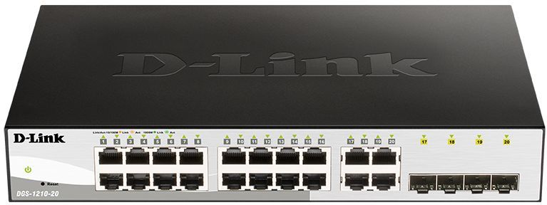 Коммутатор 1U 19 RM D-Link DGS-1210-20/F1A 16 портов 1Гбит/сек. + 4 порта SFP, управляемый
