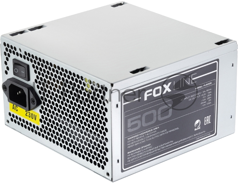 Блок питания 500Вт Power Supply Foxline, 500W, ATX, NOPFC, 120FAN, 3xSATA, 2xPATA, 1xFDD, 1xPCI-E, 24+4