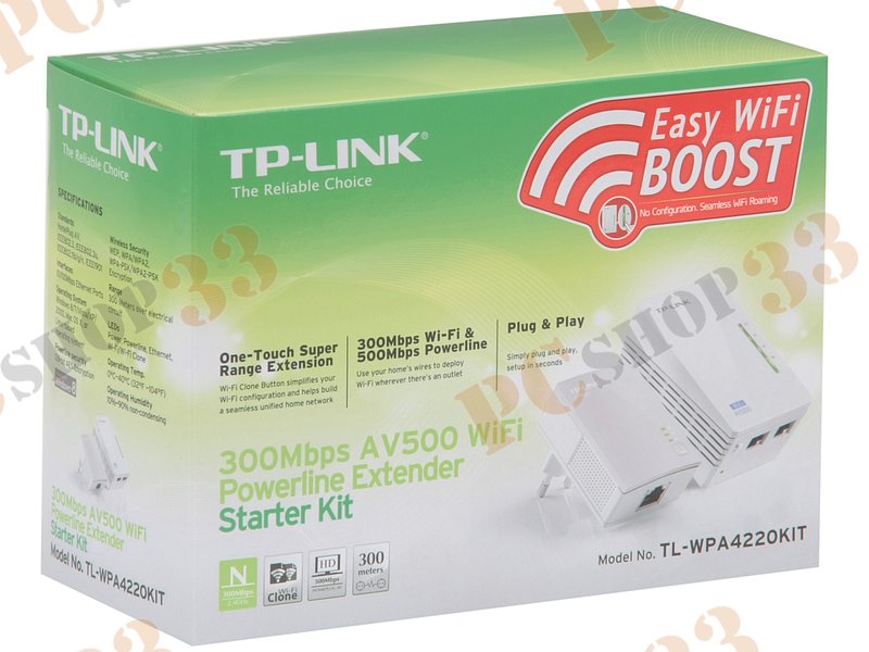 Powerline-адаптер TP-Link TL-WPA4220KIT 2 порта 100Мбит/сек. + WiFi 300Мбит/сек.