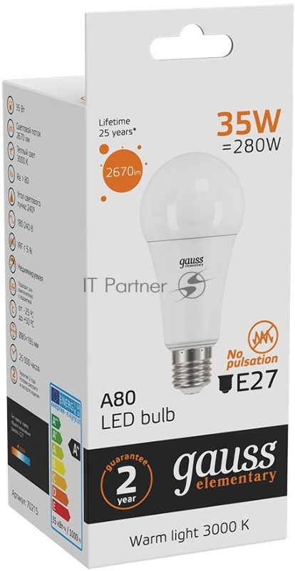 Лампа светодиодная Gauss Globe Elementary 35Вт цок.:E27 груша 220B 3000K св.свеч.бел.теп. А67 (упак.:1шт) (70215)
