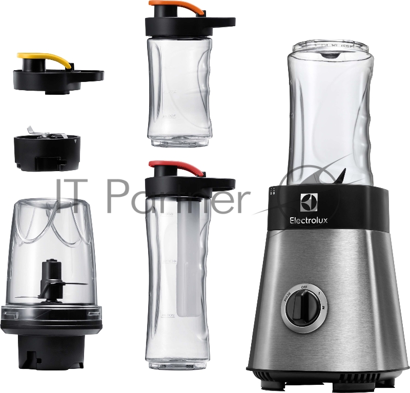 Блендер настольный Electrolux ESB2900, мощность 400 Вт, съемный нож из нерж. стали с 4мя лезвиями, колба из Tritan 0,6 л. с крышкой, 2 бутылки емкостью по 300 мл с крышкой с ручкой, измельчитель, кофемолка. цвет нержавеющая сталь/черный