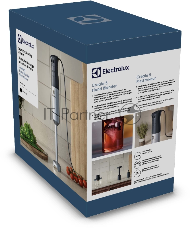 Блендер Electrolux E5HB1-8SS / Нержавеющая сталь / черный, ножки из нержавеющей стали, мощность 800 Вт, бесступенчатая регулировка скорости и функция Turbo, в комплекте: венчик, измельчитель XL, картофелемялка, мензурка