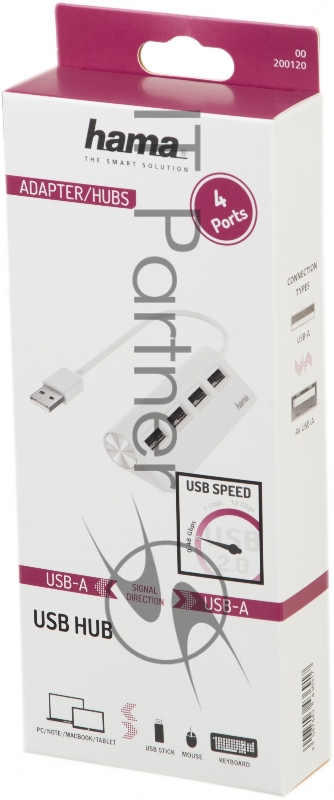 Разветвитель USB 2.0 Hama H-200120 4порт. белый (00200120)