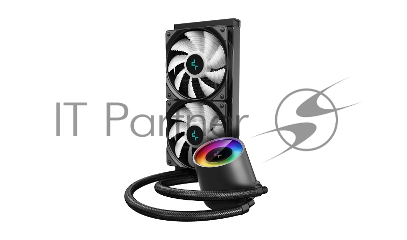 Водяное охлаждение DeepCool Castle 240 RGB V2 для процессора, СВО, Socket 115x/1200, 1356, 1366, 2011, 2011-3, 2066, AM2, AM2+, AM3, AM3+, AM4, FM1, FM2, FM2+, TR4, sTRX4, SP3, 2x120 мм, 500-1800 об/мин, TDP 250 Вт, разноцветная подсветка