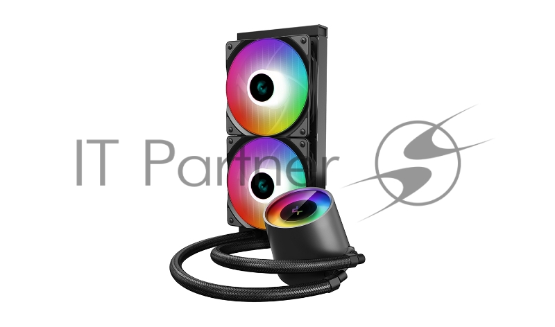 Водяное охлаждение DeepCool Castle 240 RGB V2 для процессора, СВО, Socket 115x/1200, 1356, 1366, 2011, 2011-3, 2066, AM2, AM2+, AM3, AM3+, AM4, FM1, FM2, FM2+, TR4, sTRX4, SP3, 2x120 мм, 500-1800 об/мин, TDP 250 Вт, разноцветная подсветка