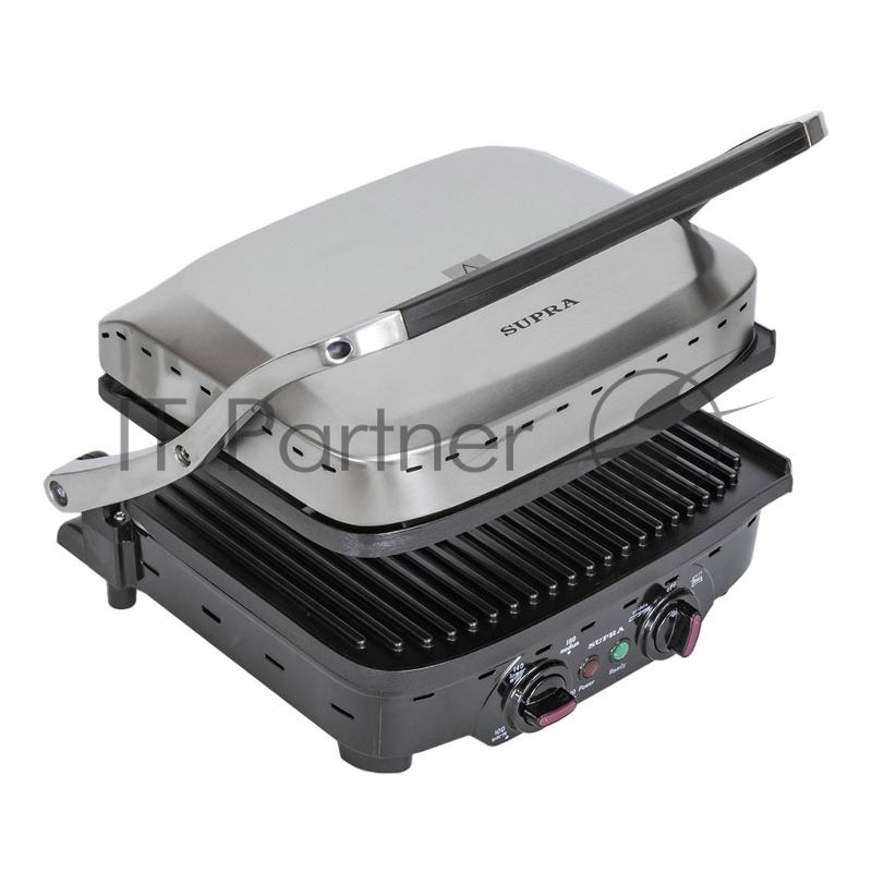 Электрогриль SUPRA GS-7510, 2000 Вт, гриль-пресс, режим барбекю (180 градусов), съемные панели, индикация включения и нагрева, размер панелей 29х23 см, контейнер для сбора жира, черный