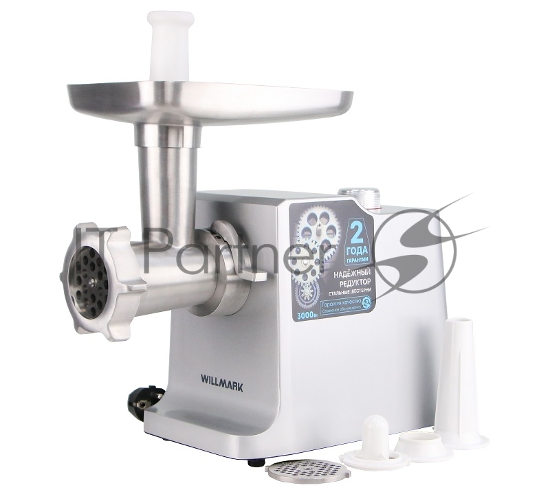 Мясорубка электрическая WILLMARK WMG-3080S (3000Вт, мет. шест. редукт., мет. корпус,ков. нож,рев, 2
