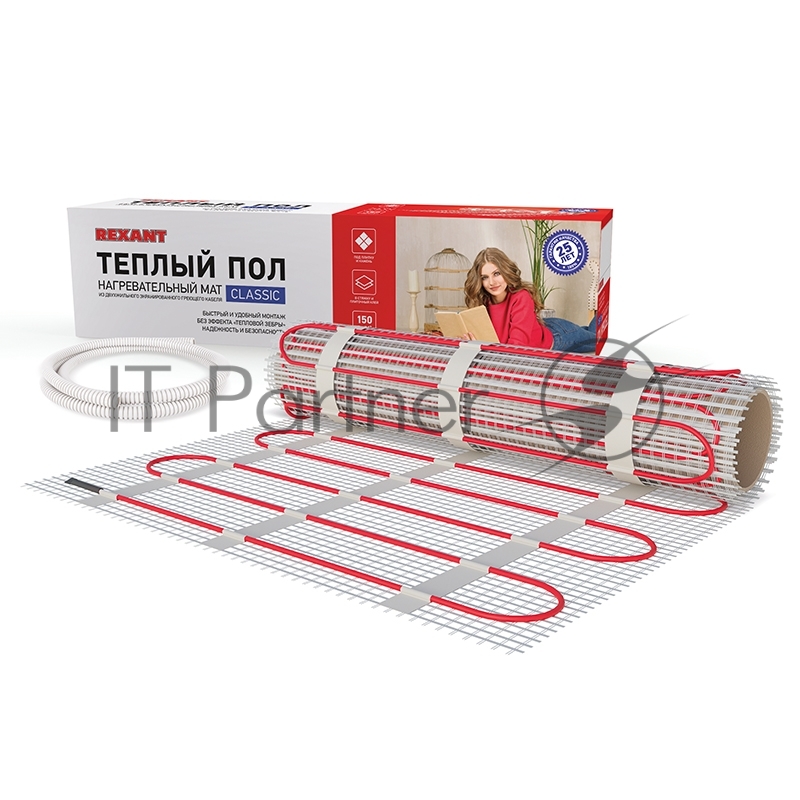 Тёплый пол (нагревательный мат) REXANT Classic RNX -2,5-375 (площадь 2,5 м2 (0,5 х 5,0 м)),375 Вт, двухжильный с экраном