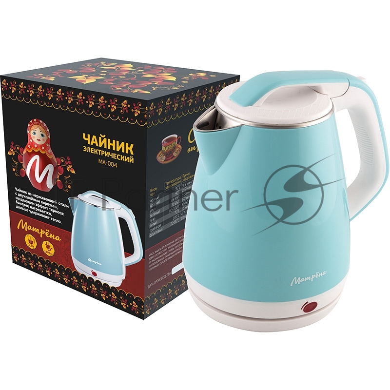 Чайник МАТРЁНА MA-004 электрический (1,8 л) стальной бело-голубой, двойной корпус