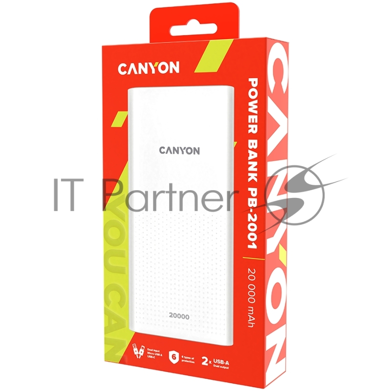 Мобильный аккумулятор (powerbank) CANYON PB-2001 Power bank 20000mAh Li-poly battery, Input 5V/2A , Output 5V/2.1A(Max) , 144*69*28.5mm, 0.440Kg, white