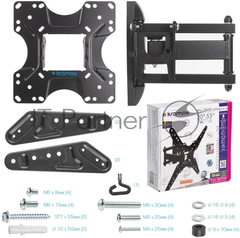 Кронштейн для ТВ KROMAX OPTIMA-414 black (max VESA 400x400 мм, настенный, наклонно-поворотный, max 30 кг) (29012)