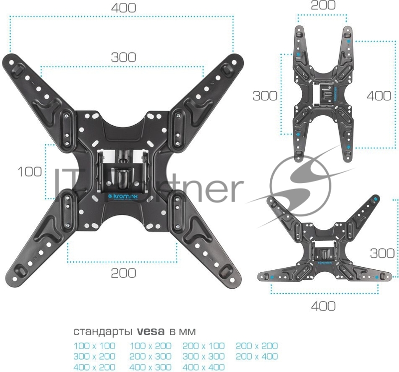 Кронштейн для ТВ KROMAX OPTIMA-414 black (max VESA 400x400 мм, настенный, наклонно-поворотный, max 30 кг) (29012)