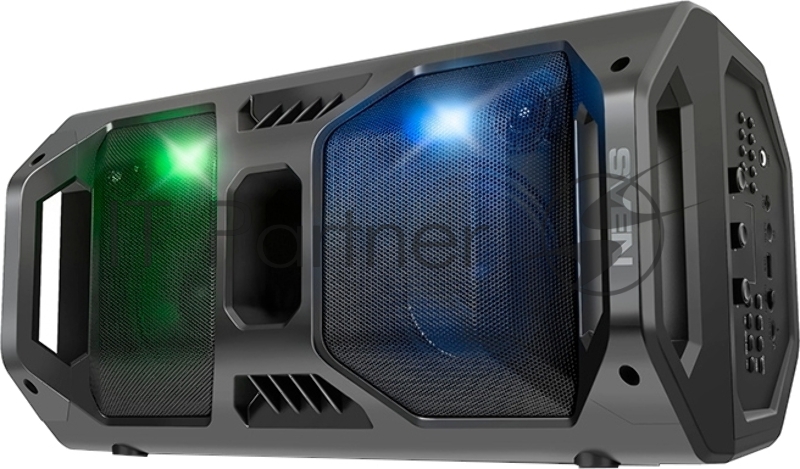 Мобильные колонки чёрные Sven PS-600 2.0 (2x25W, mini Jack, USB, Bluetooth, FM, micro SD, LED-дисплей, ПДУ, 2 x 4000 мA, LED подсветка)