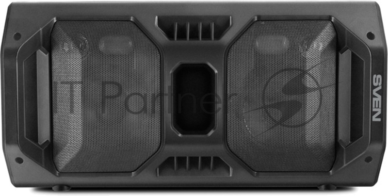 Мобильные колонки чёрные Sven PS-600 2.0 (2x25W, mini Jack, USB, Bluetooth, FM, micro SD, LED-дисплей, ПДУ, 2 x 4000 мA, LED подсветка)