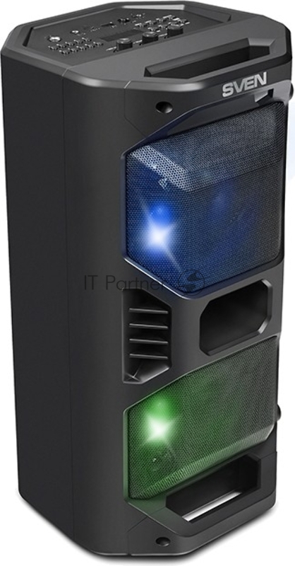 Мобильные колонки чёрные Sven PS-600 2.0 (2x25W, mini Jack, USB, Bluetooth, FM, micro SD, LED-дисплей, ПДУ, 2 x 4000 мA, LED подсветка)