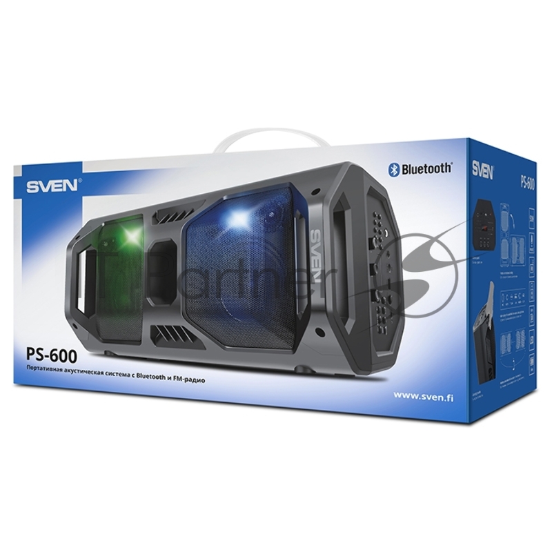 Мобильные колонки чёрные Sven PS-600 2.0 (2x25W, mini Jack, USB, Bluetooth, FM, micro SD, LED-дисплей, ПДУ, 2 x 4000 мA, LED подсветка)