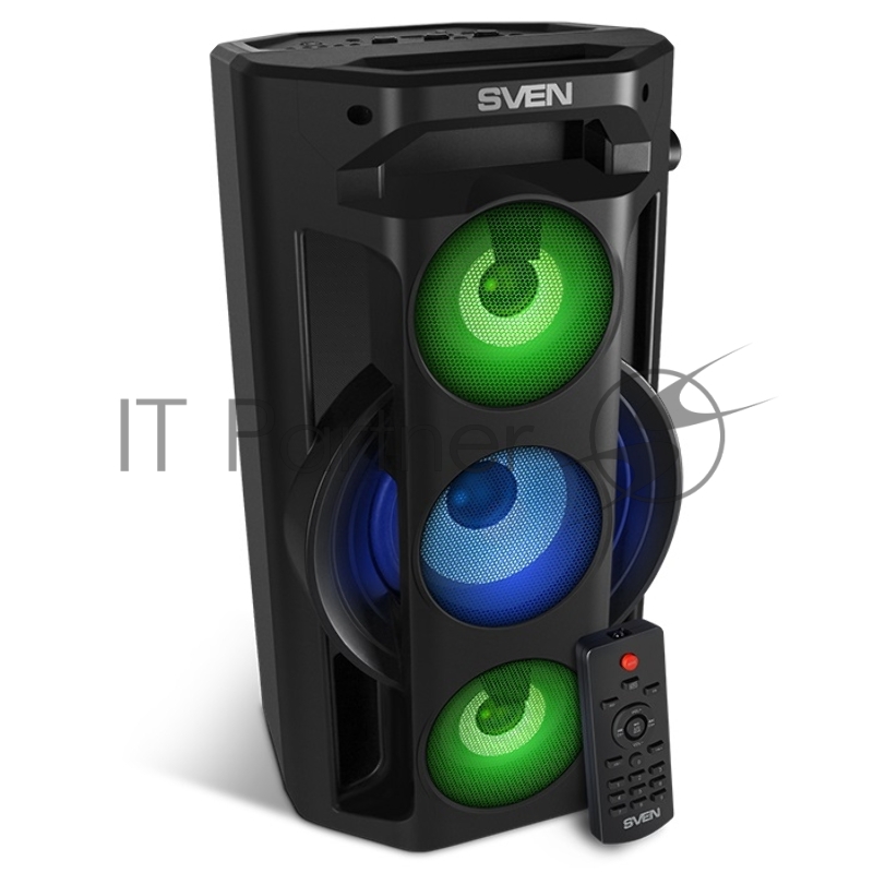 Мобильные колонки чёрные Sven PS-680 2.0 (2x32.5W, mini Jack, USB, Bluetooth, FM, micro SD, LED-дисплей, ПДУ, 2 x 4400 мA, LED подсветка)