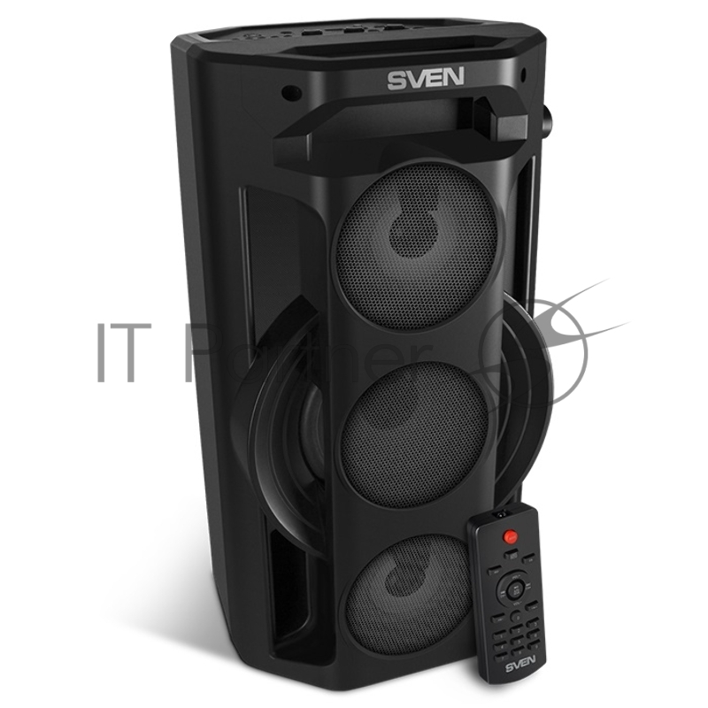 Мобильные колонки чёрные Sven PS-680 2.0 (2x32.5W, mini Jack, USB, Bluetooth, FM, micro SD, LED-дисплей, ПДУ, 2 x 4400 мA, LED подсветка)