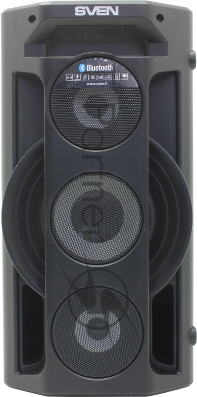 Мобильные колонки чёрные Sven PS-680 2.0 (2x32.5W, mini Jack, USB, Bluetooth, FM, micro SD, LED-дисплей, ПДУ, 2 x 4400 мA, LED подсветка)