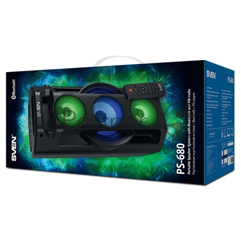 Мобильные колонки чёрные Sven PS-680 2.0 (2x32.5W, mini Jack, USB, Bluetooth, FM, micro SD, LED-дисплей, ПДУ, 2 x 4400 мA, LED подсветка)