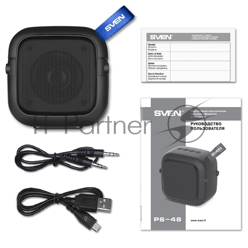 Портативная колонка SVEN PS-48, черный {акустическая система 1.0, мощность 5 Вт (RMS), TWS, Bluetooth, FM, USB, microSD, встроенный аккумулятор}