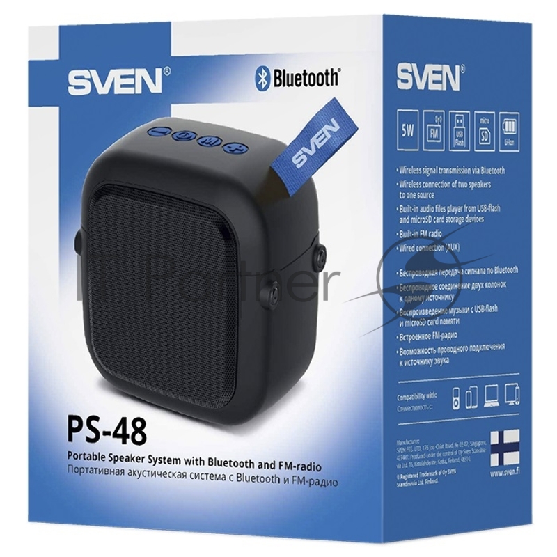 Портативная колонка SVEN PS-48, черный {акустическая система 1.0, мощность 5 Вт (RMS), TWS, Bluetooth, FM, USB, microSD, встроенный аккумулятор}