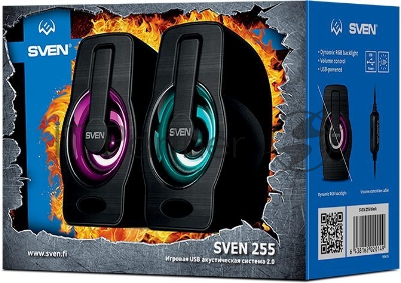 Колонки чёрные Sven 255 (2x3W, RGB подсветка, USB)