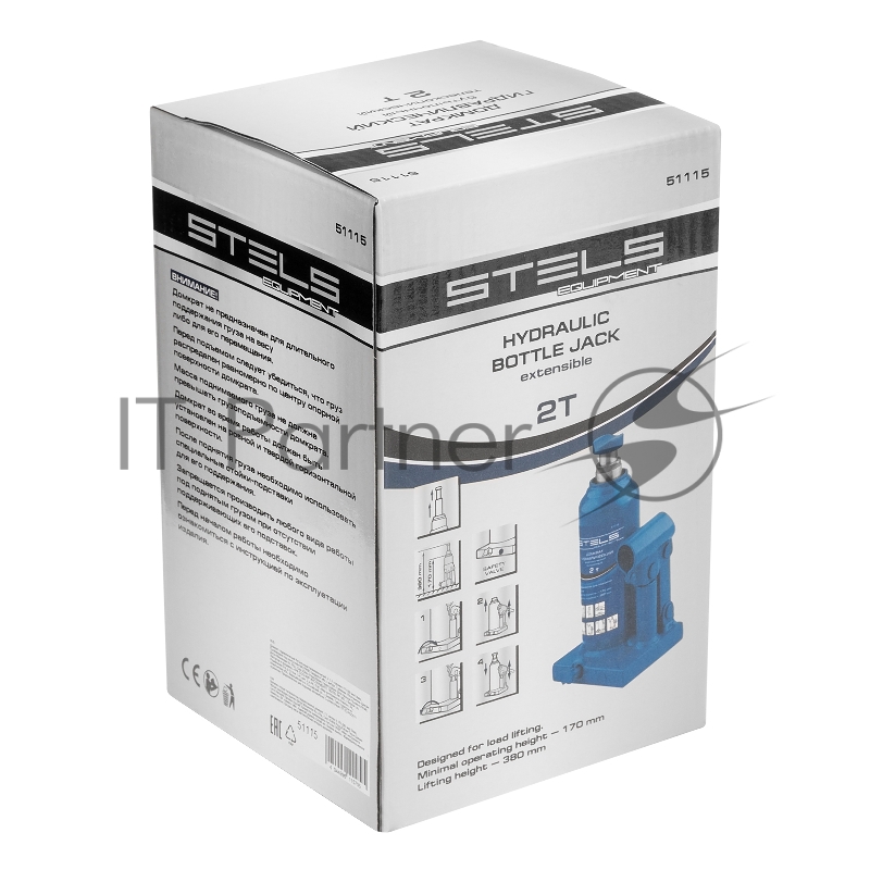 Домкрат STELS 51115 гидравлический бутылочный телескопический 2 т h подъема 170–380мм