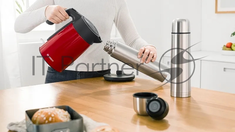 Чайник BOSCH TWK7L464, 1.7л, 2400 Вт., нерж.сталь, покрытая эмалью, красный, шкала уровня воды