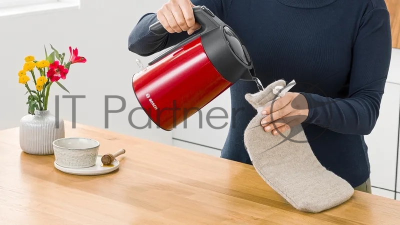 Чайник BOSCH TWK7L464, 1.7л, 2400 Вт., нерж.сталь, покрытая эмалью, красный, шкала уровня воды