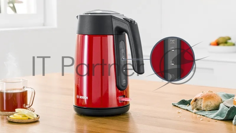 Чайник BOSCH TWK7L464, 1.7л, 2400 Вт., нерж.сталь, покрытая эмалью, красный, шкала уровня воды