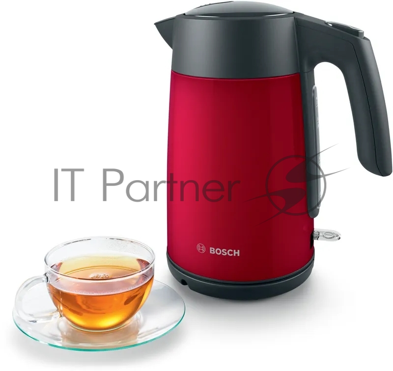 Чайник BOSCH TWK7L464, 1.7л, 2400 Вт., нерж.сталь, покрытая эмалью, красный, шкала уровня воды