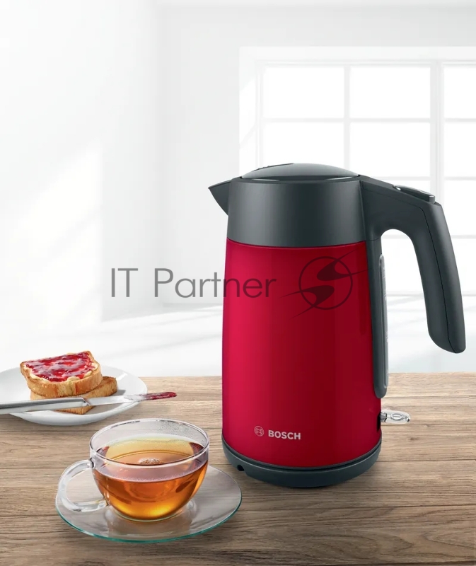 Чайник BOSCH TWK7L464, 1.7л, 2400 Вт., нерж.сталь, покрытая эмалью, красный, шкала уровня воды