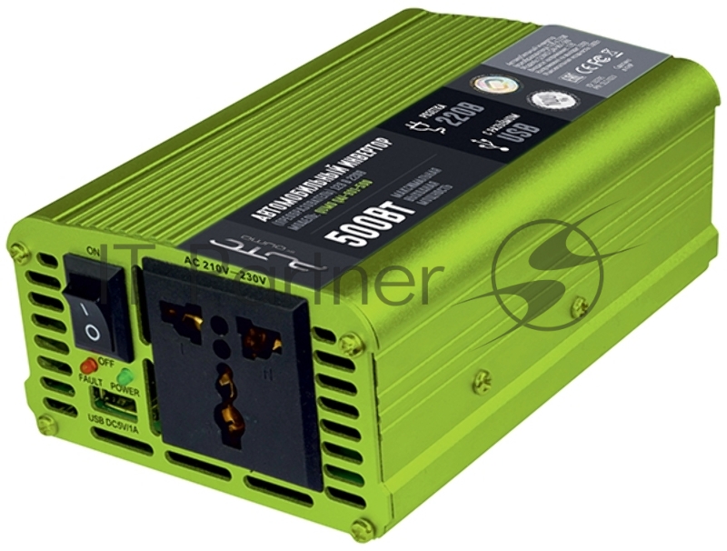 Автомобильный инвертор (преобразователь) постоянного тока 12В в переменный ток 220В, модель QUMO QAI-901-500 (Inv 001), максимальная выходная мощность 500Вт, встроенный разъем USB
