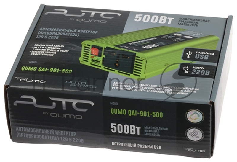 Автомобильный инвертор (преобразователь) постоянного тока 12В в переменный ток 220В, модель QUMO QAI-901-500 (Inv 001), максимальная выходная мощность 500Вт, встроенный разъем USB