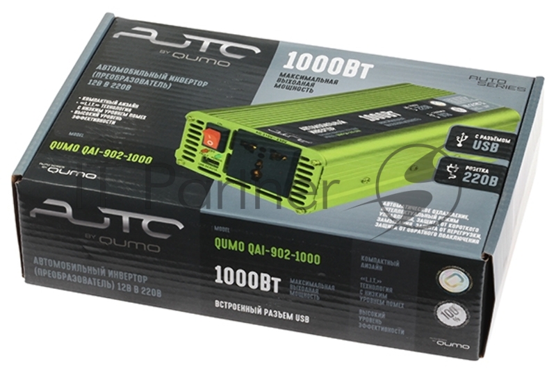 Автомобильный инвертор (преобразователь) постоянного тока 12В в переменный ток 220В, модель QUMO QAI-902-1000 (Inv 002), максимальная выходная мощность 1000Вт, встроенный разъем USB