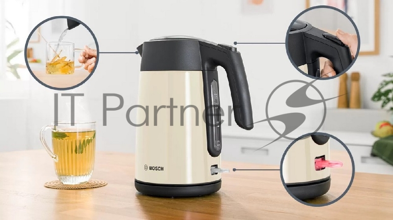 Чайник BOSCH TWK7L467, 1.7л, 2400 Вт., нерж.сталь, покрытая эмалью, бежевый, шкала уровня воды