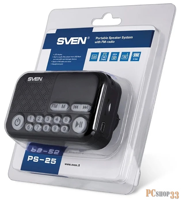 Колонки SVEN PS-25, черный (3 Вт, FM-тюнер, USB, microSD, LED-дисплей,