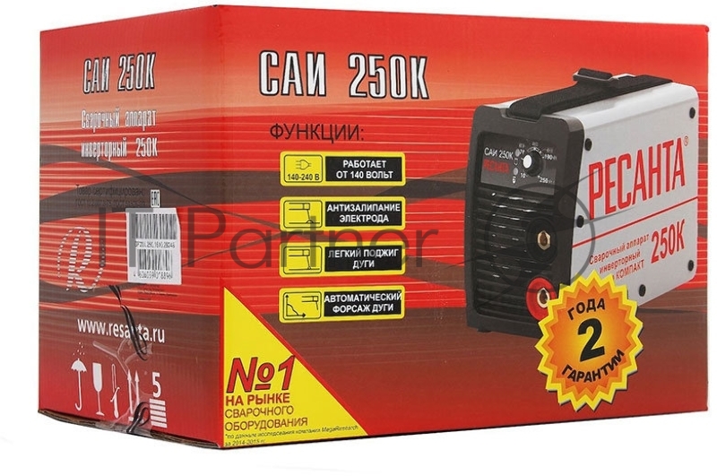 Сварочный аппарат компакт Ресанта САИ 250К 65/38 {154В-242В, макс.7,7кВт, 10А-250А, ПВ 70%, напр. холостого хода 80В, напр. 29В, макс. диаметр электрода 6,мм, 4,1кг}